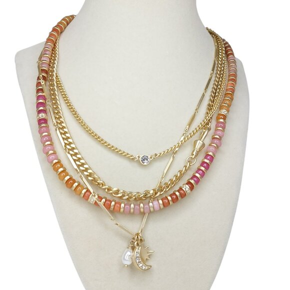 LOFT Necklace Celestial Charms Gold Coral Beaded Boho Chic Moon Star Layer Stack - Picture 1 of 7